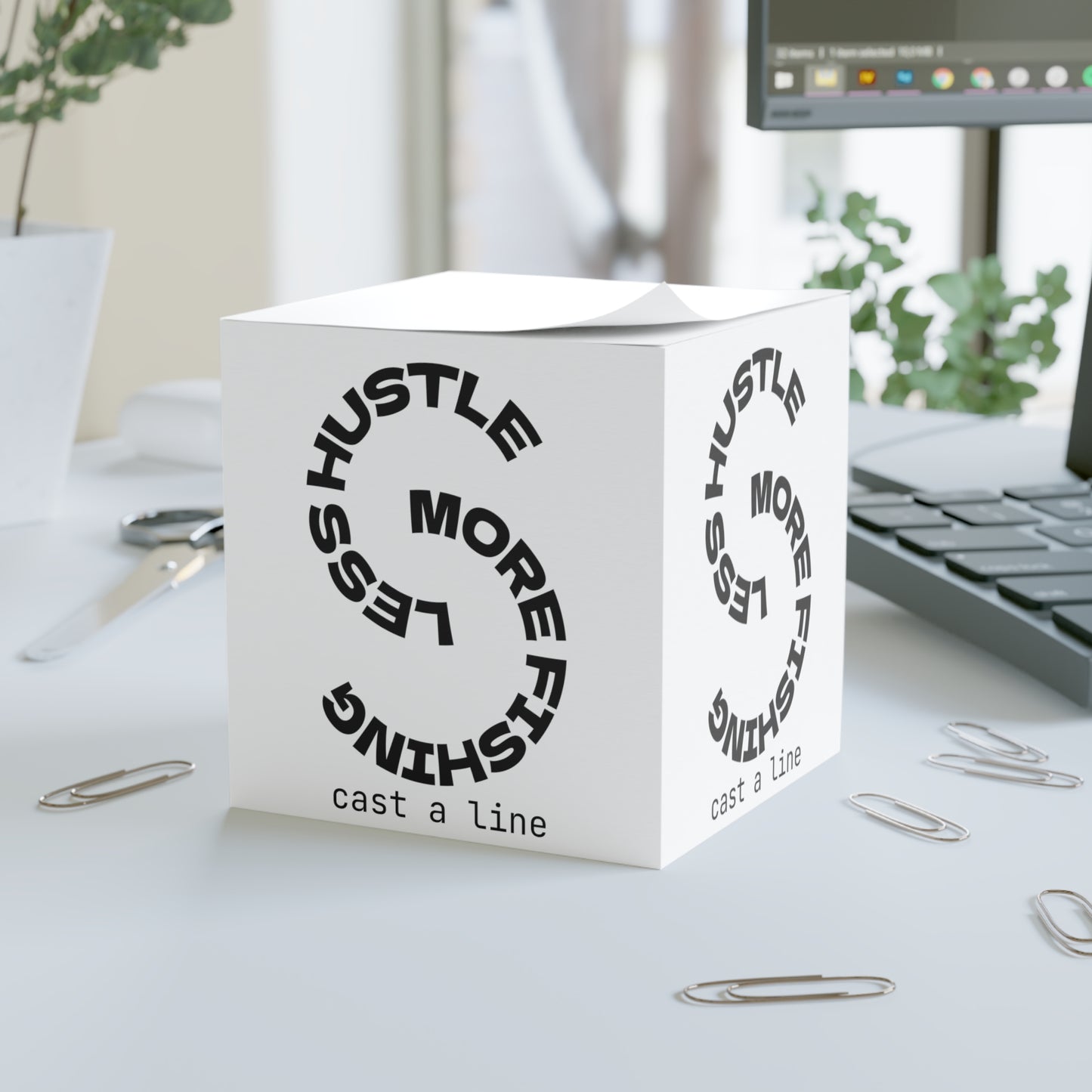Less Hustle More Fishing -Cast a Line Personalized Note Cube – Customizable Desk Accessory for Home or Office