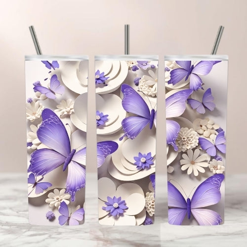 Decorative 20 oz Tumbler Wrap with lavender  butterflies and flowers on a light background Digital Download