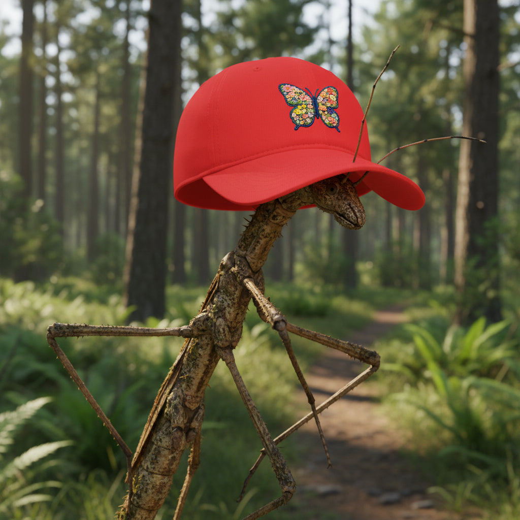 Red Cap with Butterfly Design on a Black Background