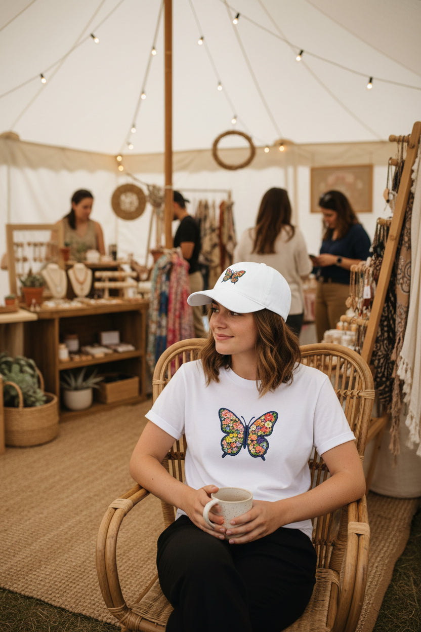 Customer wearing white cap with matching shirt