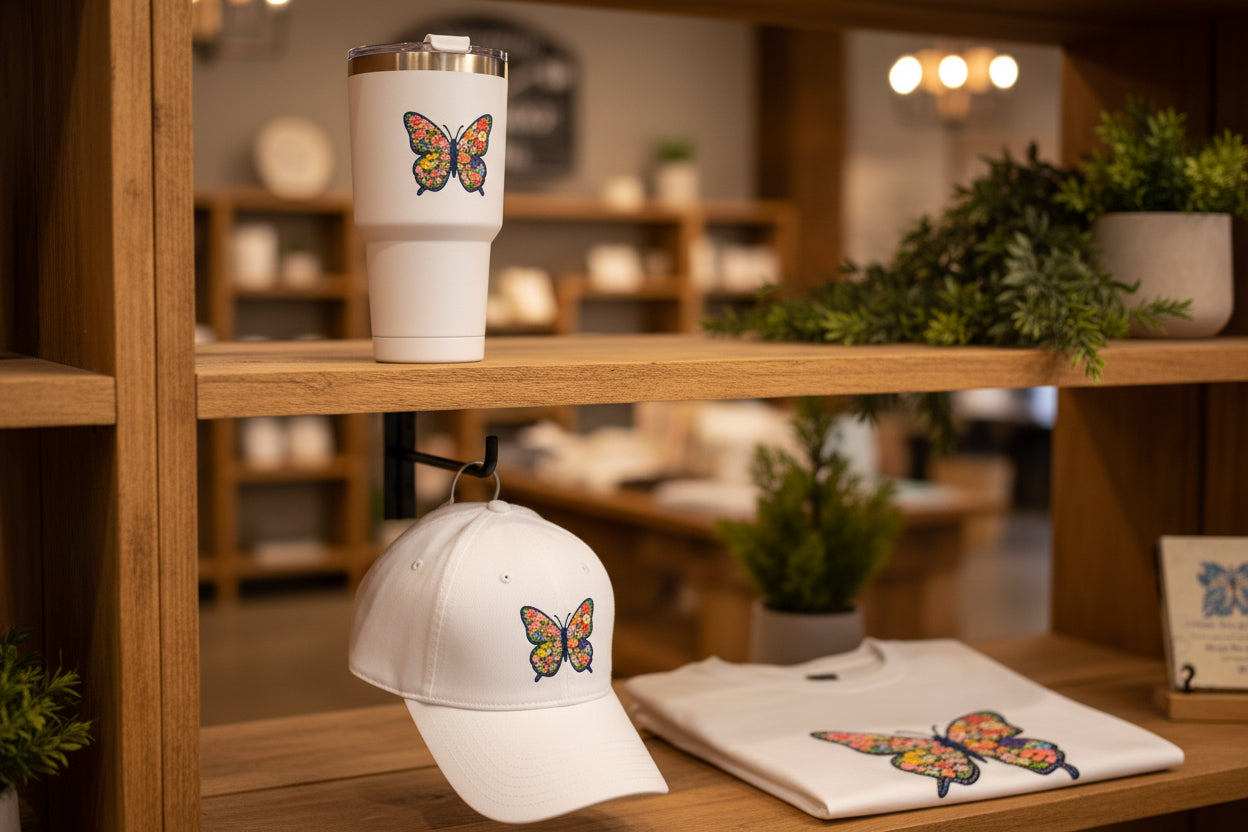 White Cap with Butterfly Design with Black Outline