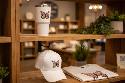 White Cap with Butterfly Design with Black Outline