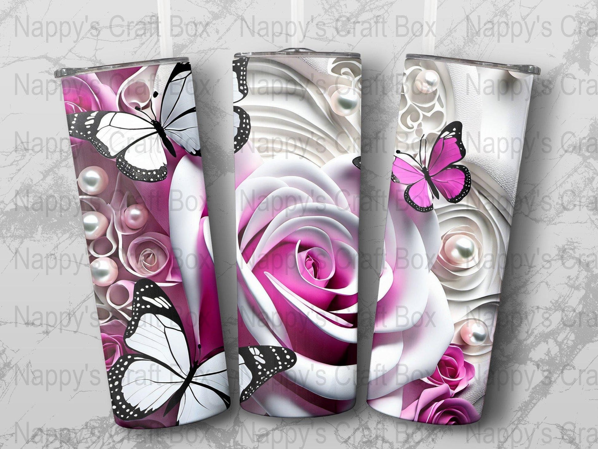 3D Flower Butterfly Tumbler Wrap: 20 oz Skinny Sublimation (PNG Digital Download)