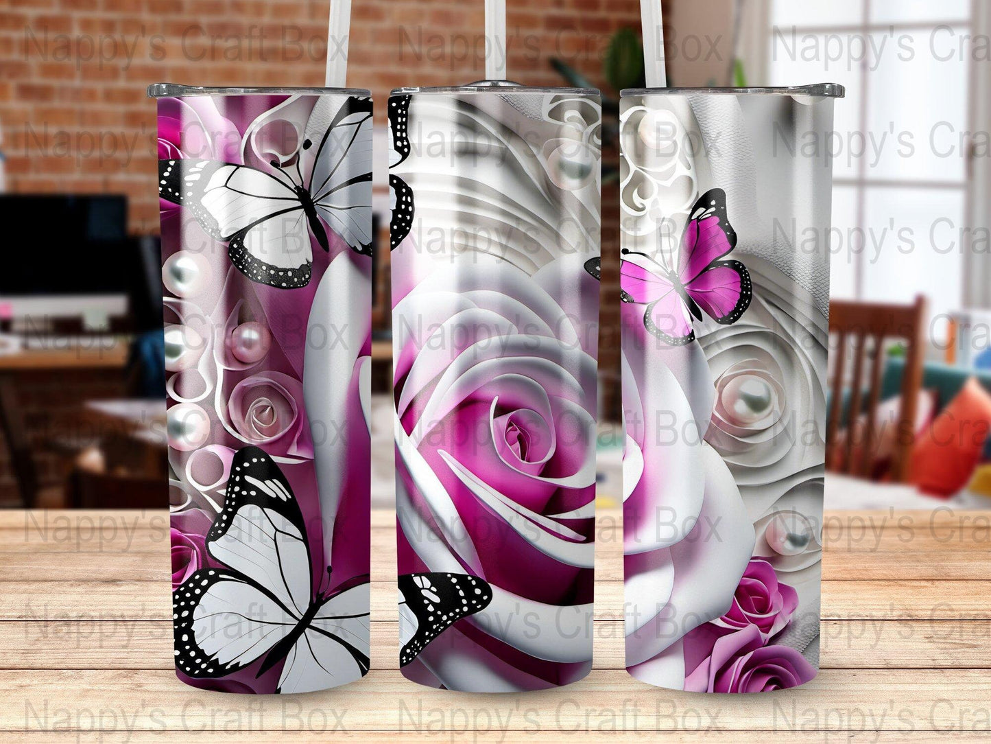 3D Flower Butterfly Tumbler Wrap: 20 oz Skinny Sublimation (PNG Digital Download)