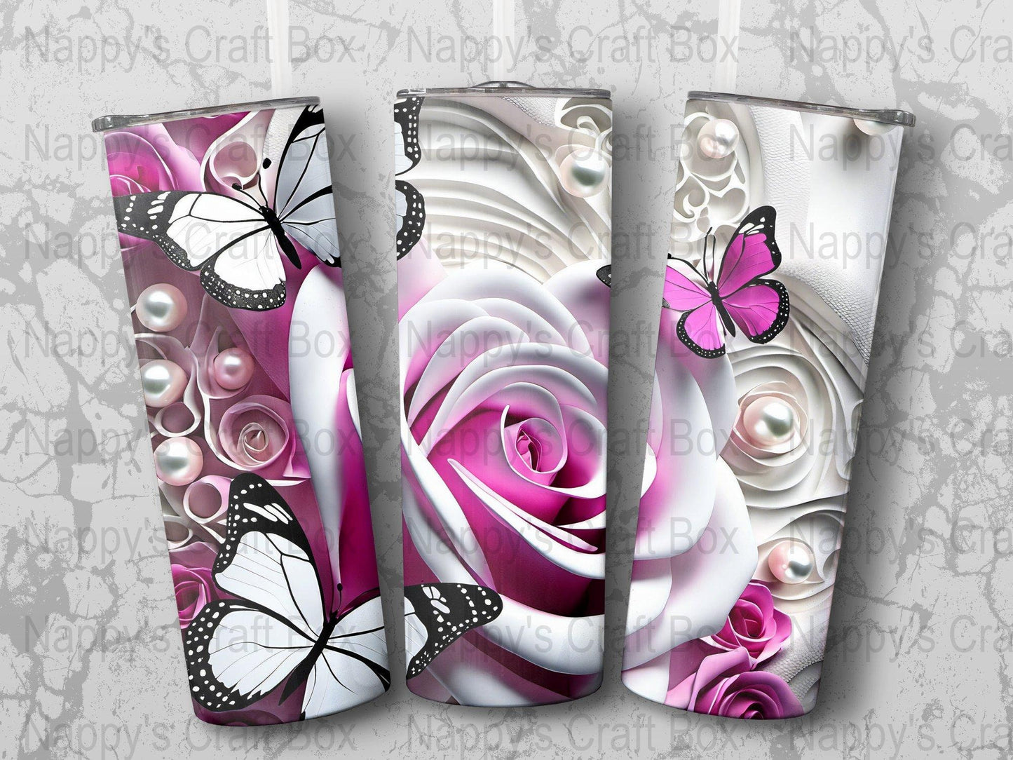 3D Flower Butterfly Tumbler Wrap: 20 oz Skinny Sublimation (PNG Digital Download)