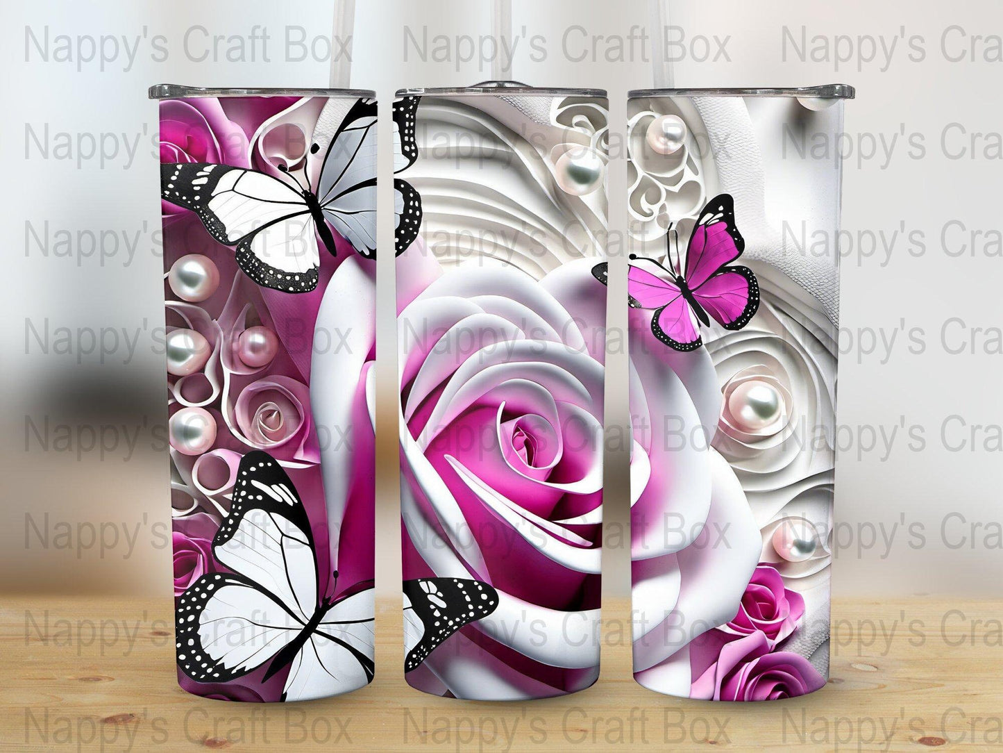 3D Flower Butterfly Tumbler Wrap: 20 oz Skinny Sublimation (PNG Digital Download)