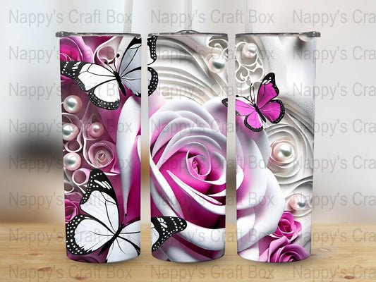 3D Flower Butterfly Tumbler Wrap: 20 oz Skinny Sublimation (PNG Digital Download)