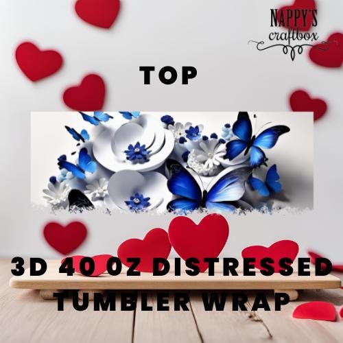 Indigo Blue Butterflies 40oz Tumbler Wrap 3D Sublimation Design (Digital Download)