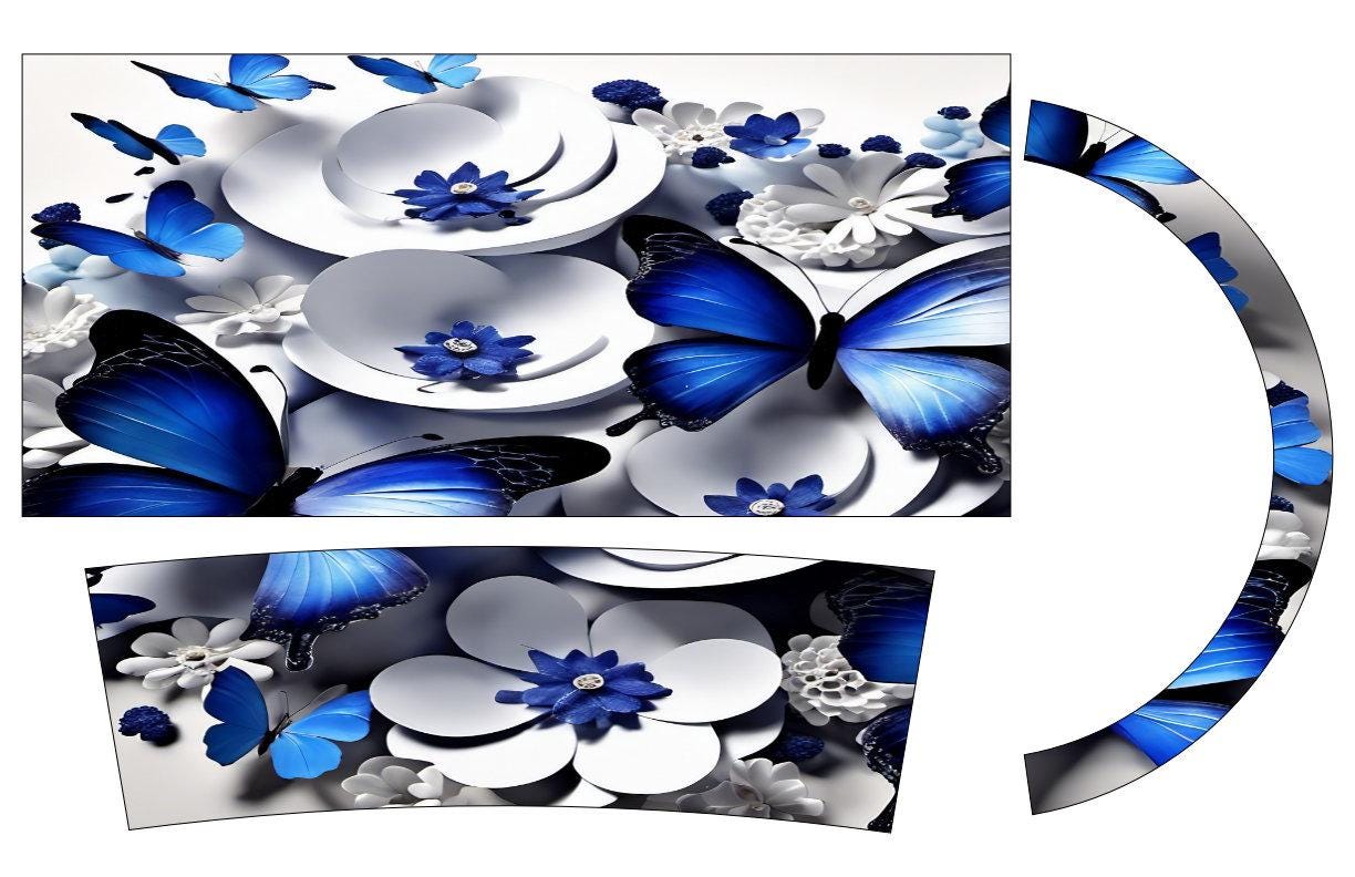 Indigo Blue Butterflies 40oz Tumbler Wrap 3D Sublimation Design (Digital Download)