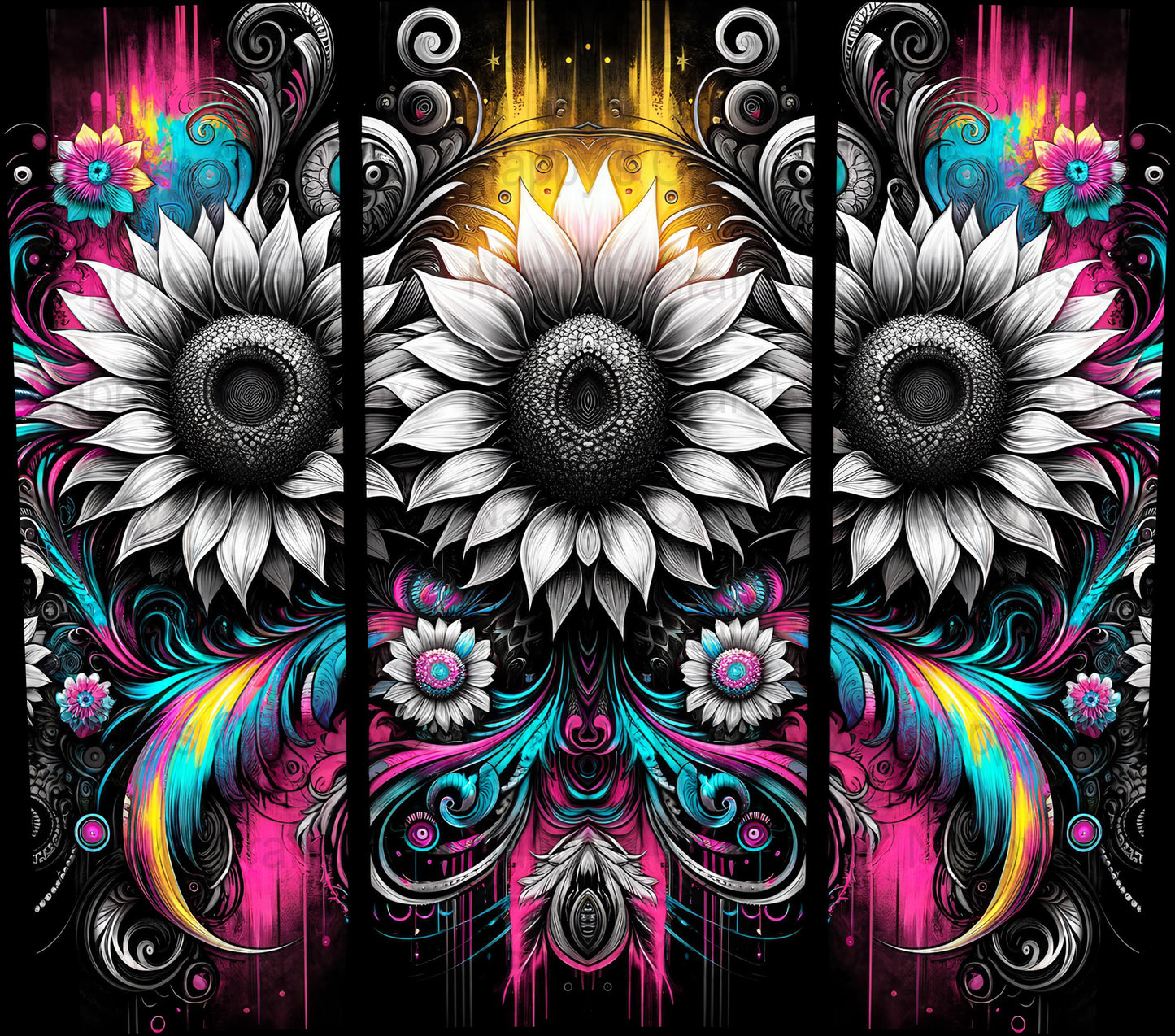 Retro Sunflower 20 oz Tumbler Wrap: Black Background (PNG Digital Download)
