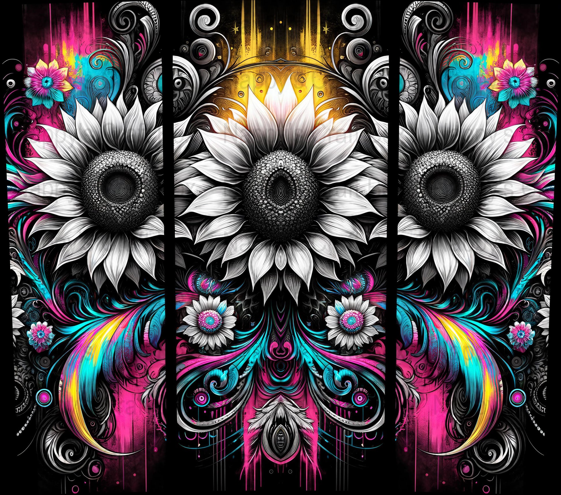 Retro Sunflower 20 oz Tumbler Wrap: Black Background (PNG Digital Download)