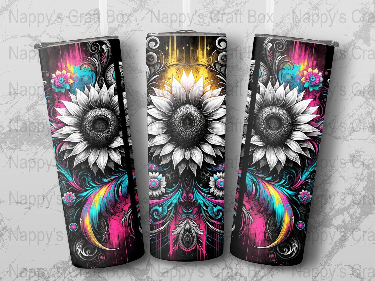 Retro Sunflower 20 oz Tumbler Wrap: Black Background (PNG Digital Download)