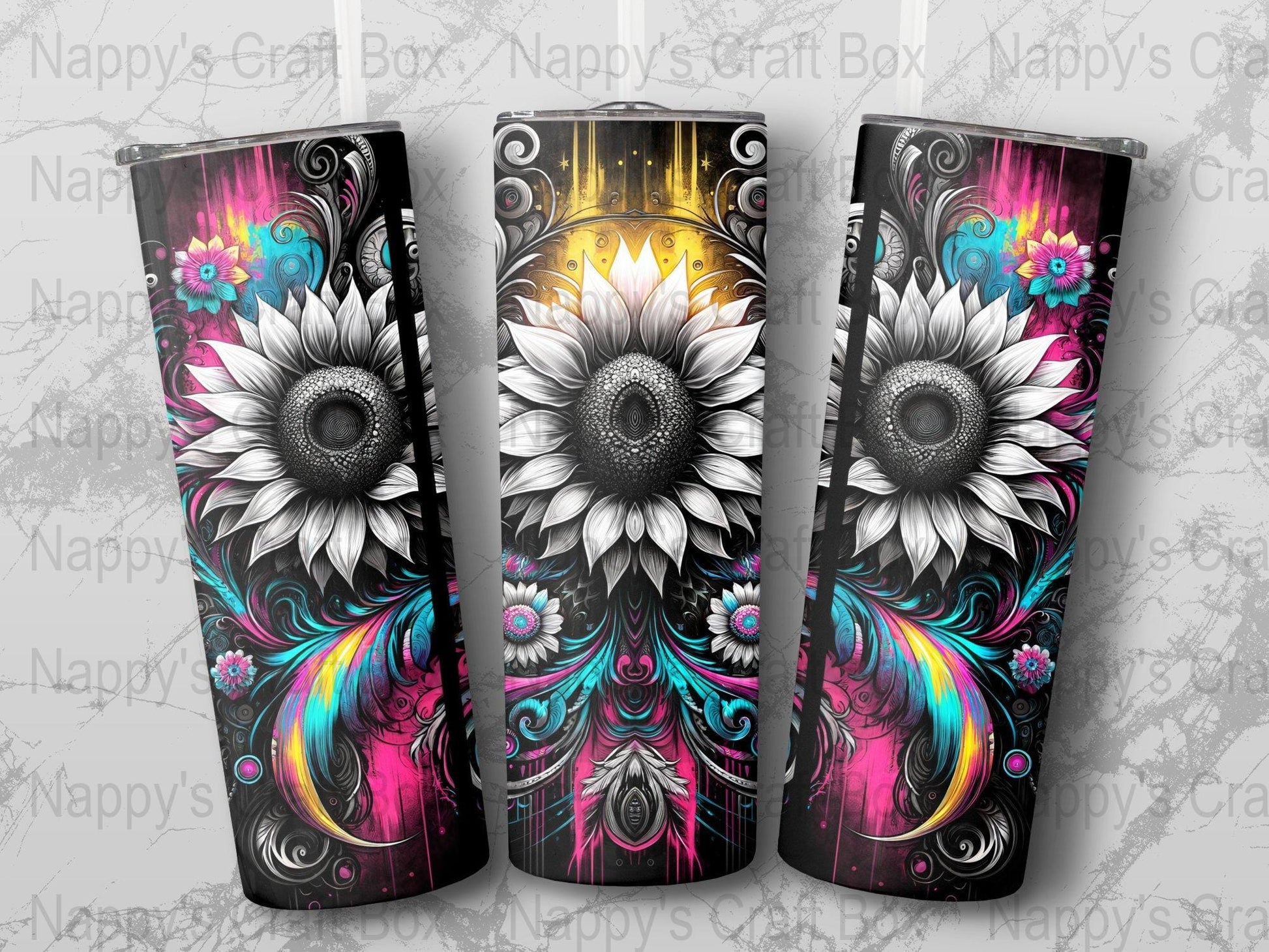 Retro Sunflower 20 oz Tumbler Wrap: Black Background (PNG Digital Download)