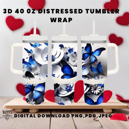 Indigo Blue Butterflies 40oz Tumbler Wrap 3D Sublimation Design (Digital Download)