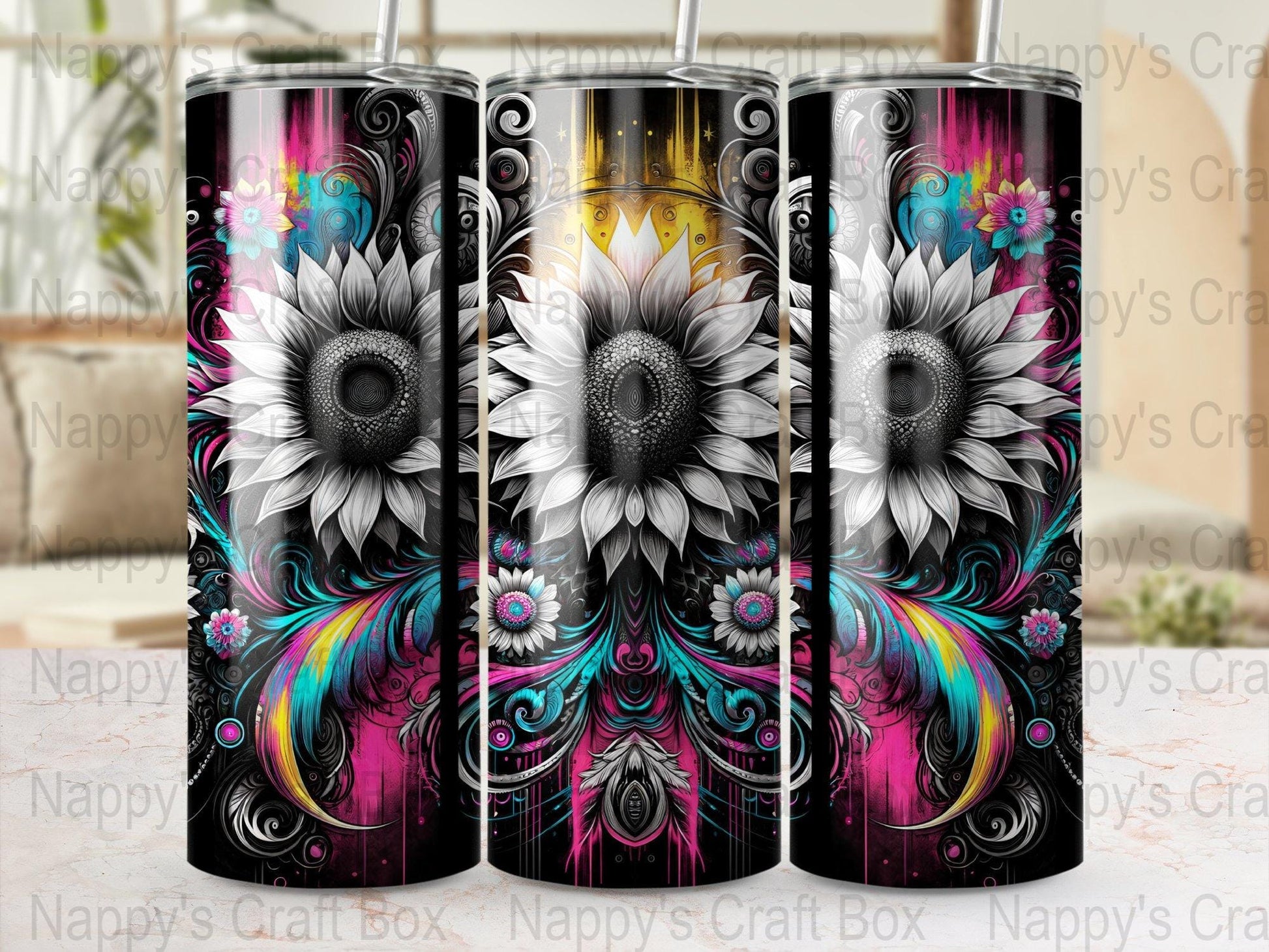 Retro Sunflower 20 oz Tumbler Wrap: Black Background (PNG Digital Download)
