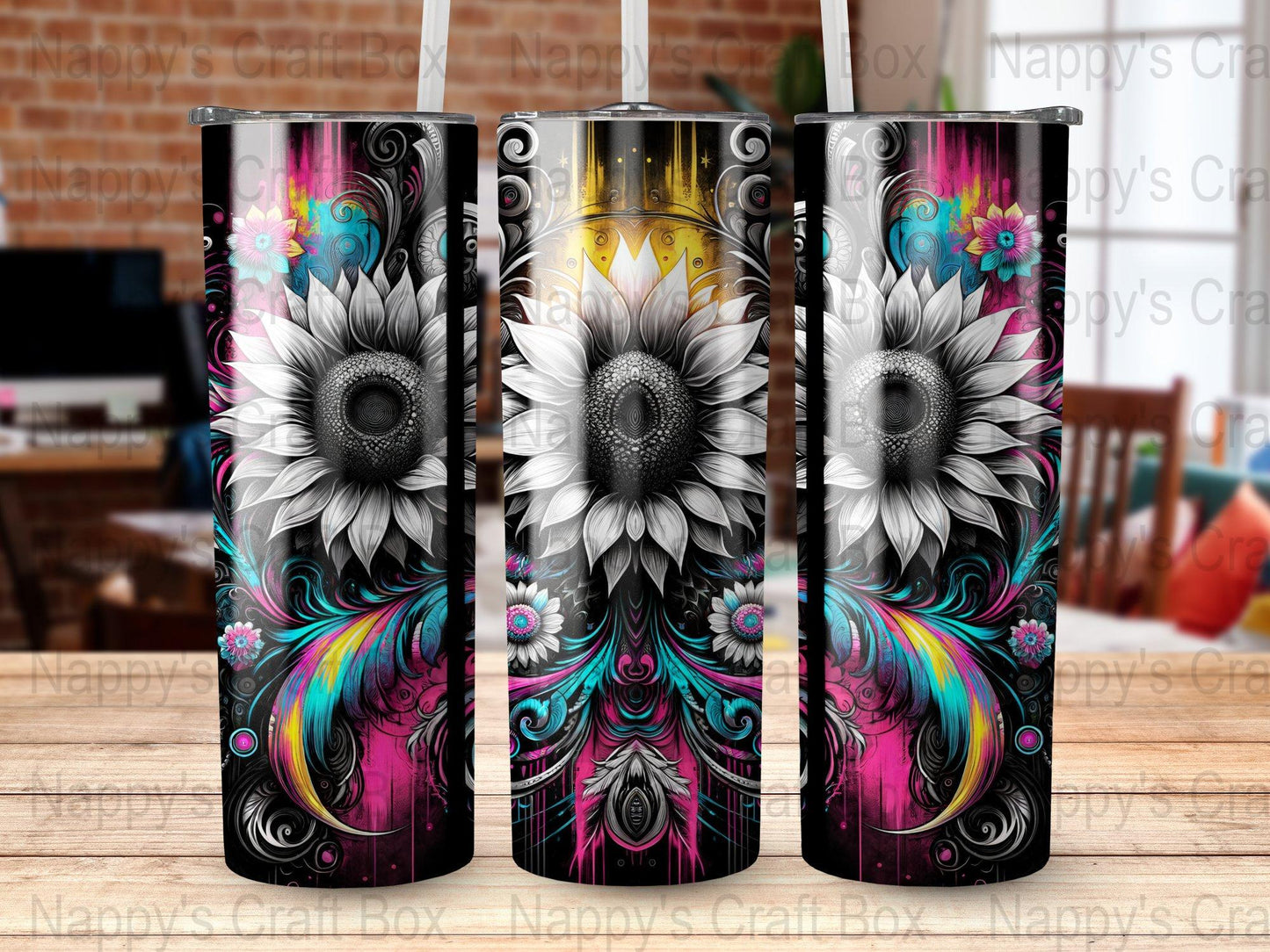 Retro Sunflower 20 oz Tumbler Wrap: Black Background (PNG Digital Download)