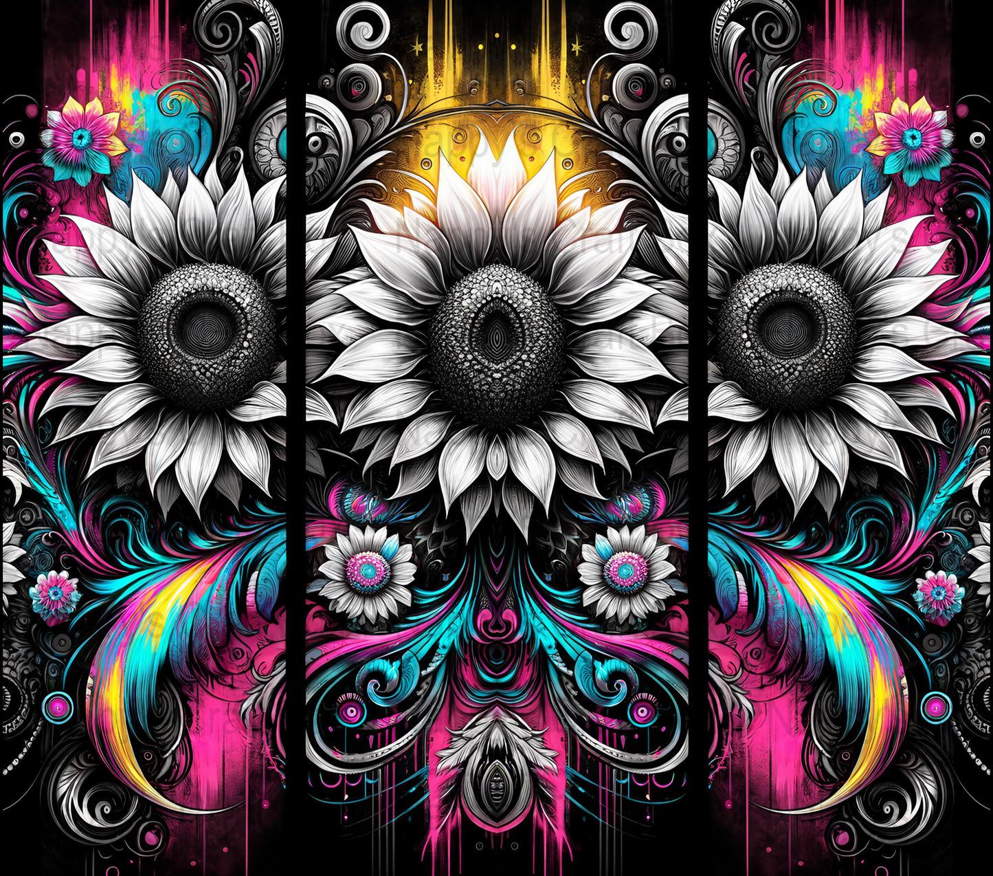 Retro Sunflower 20 oz Tumbler Wrap: Black Background (PNG Digital Download)