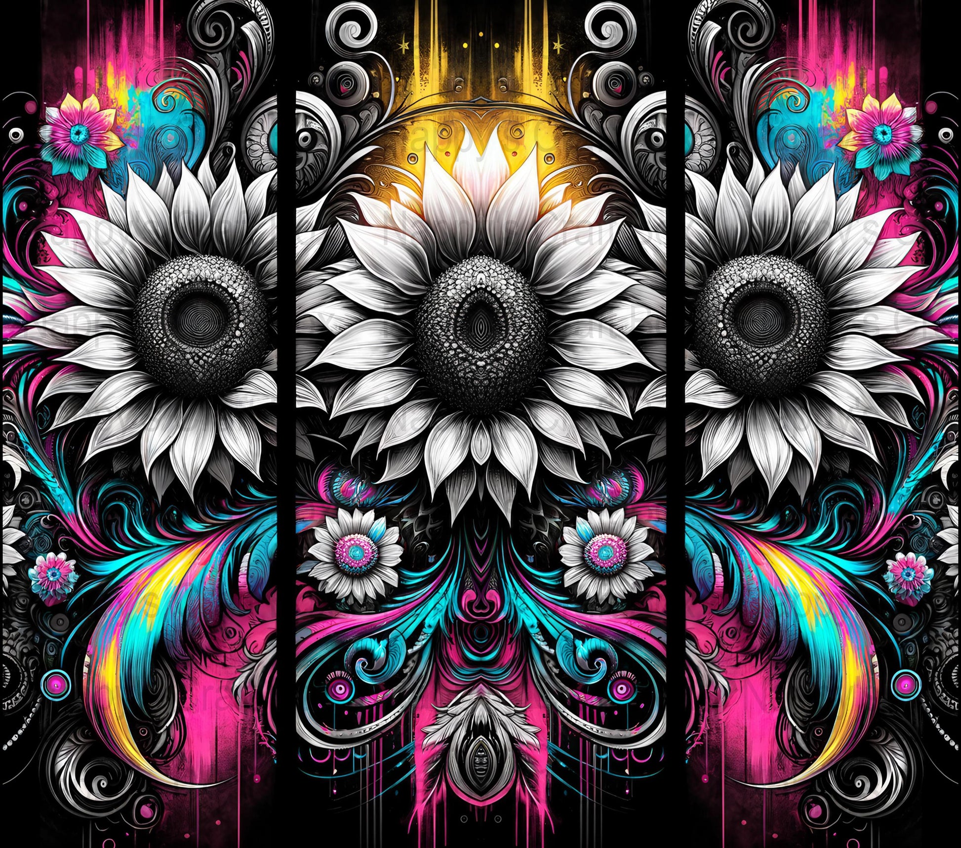 Retro Sunflower 20 oz Tumbler Wrap: Black Background (PNG Digital Download)