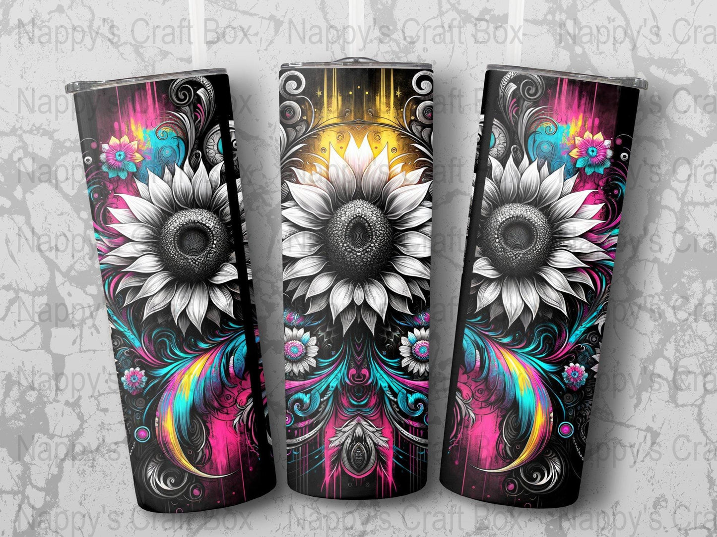 Retro Sunflower 20 oz Tumbler Wrap: Black Background (PNG Digital Download)