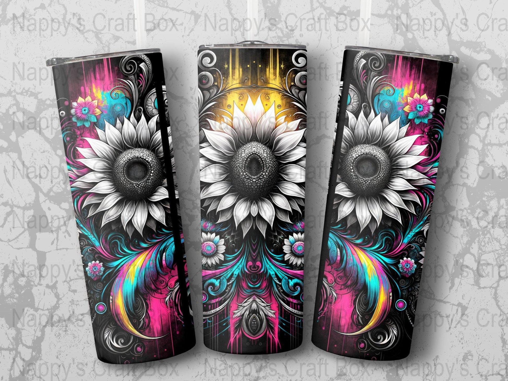 Retro Sunflower 20 oz Tumbler Wrap: Black Background (PNG Digital Download)