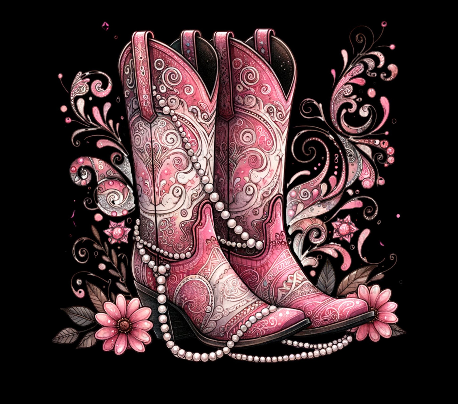 Pink Cowboy Boots Art Print, Western Floral Design, Vintage Style Illustration, Home Decor Wall Art