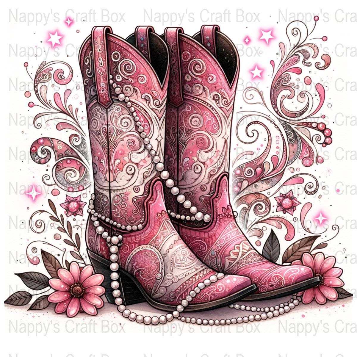 Western Cowgirl Boots Art Print, Pink Floral Design, Rustic Country Decor, Vintage Style Illustration, Wall Art