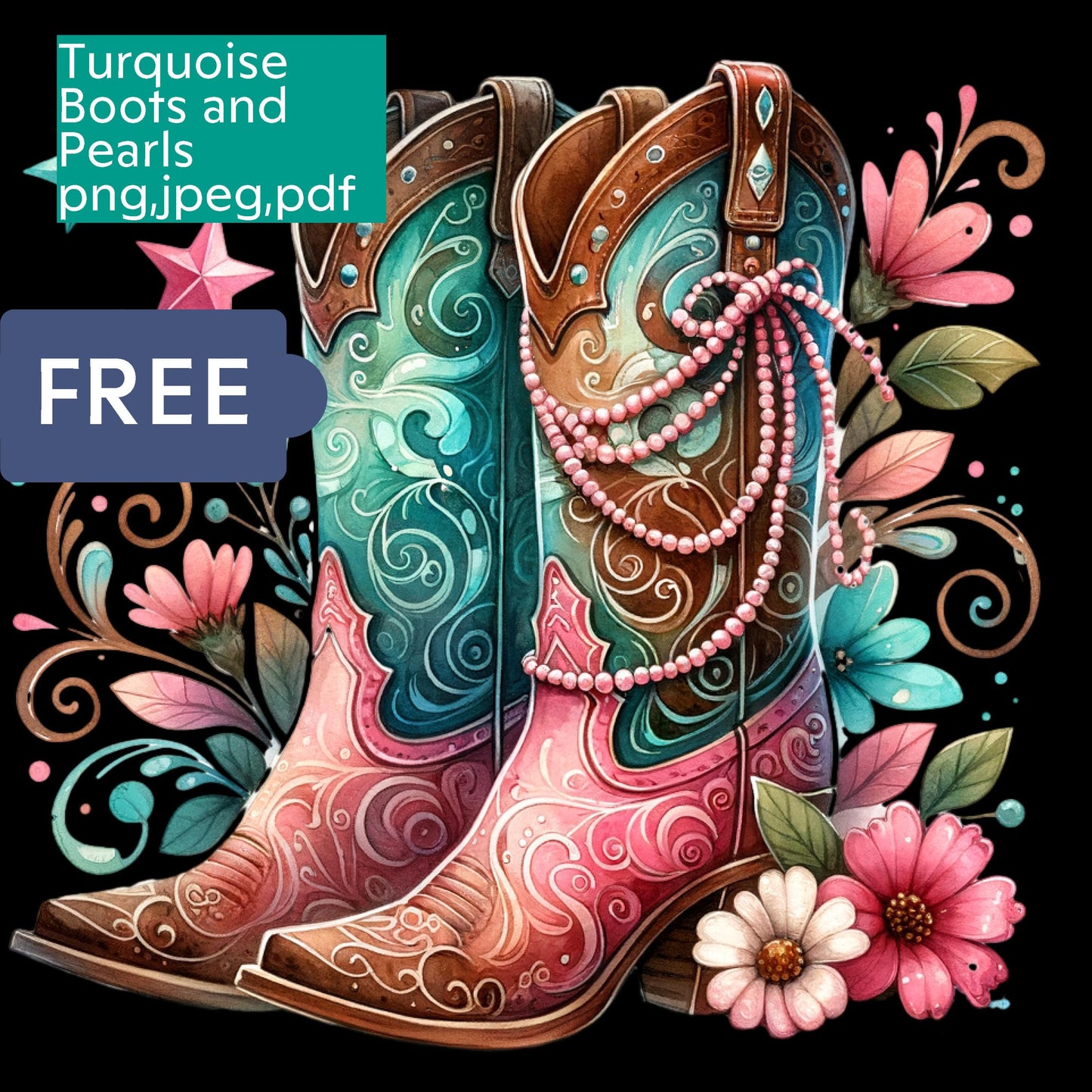 a pair of cowboy boots with pearls and flowers