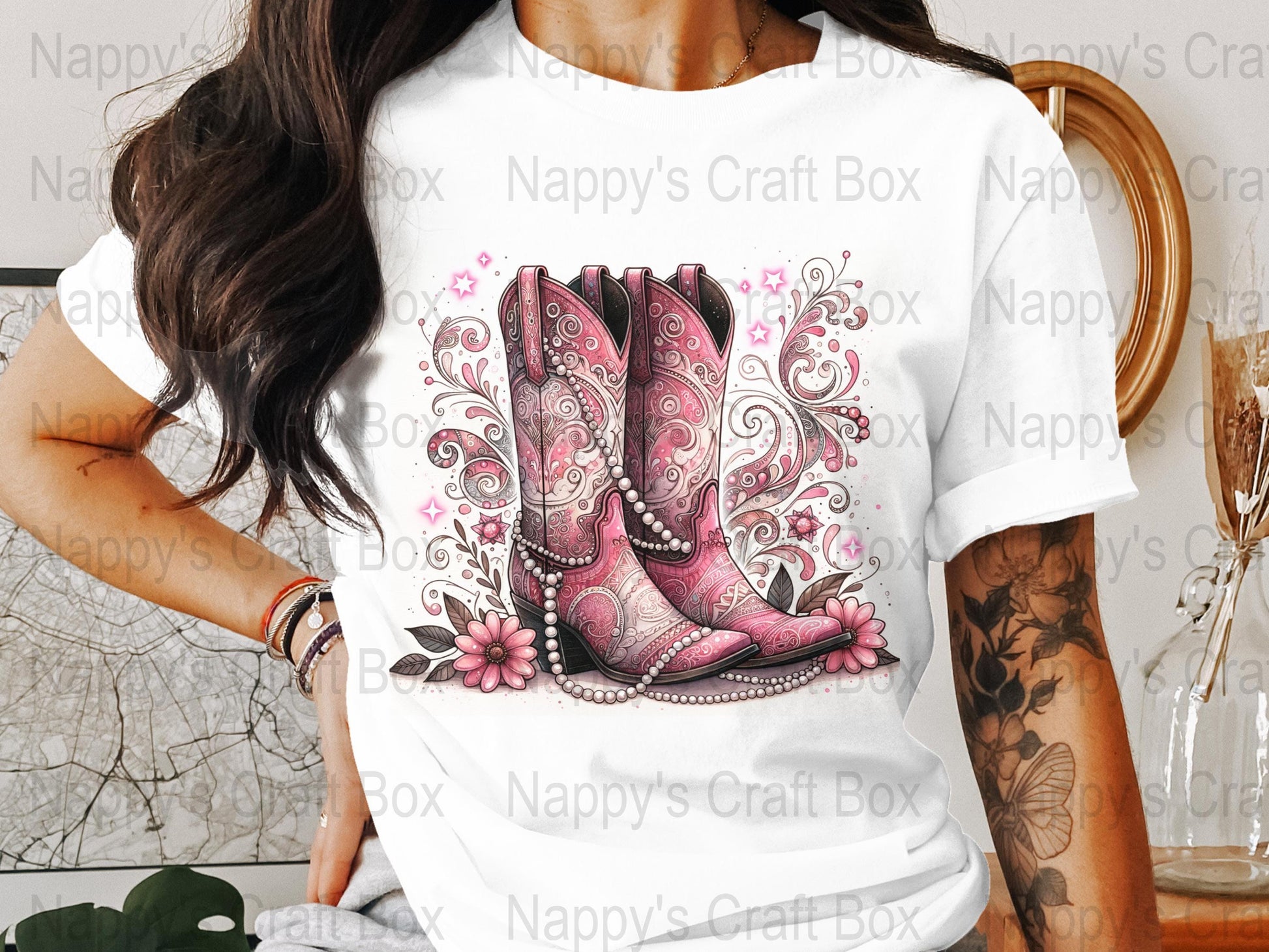 Women's Western Boot T-Shirt, Floral Cowboy Boot Design, Pink and Grey, Casual Graphic Tee