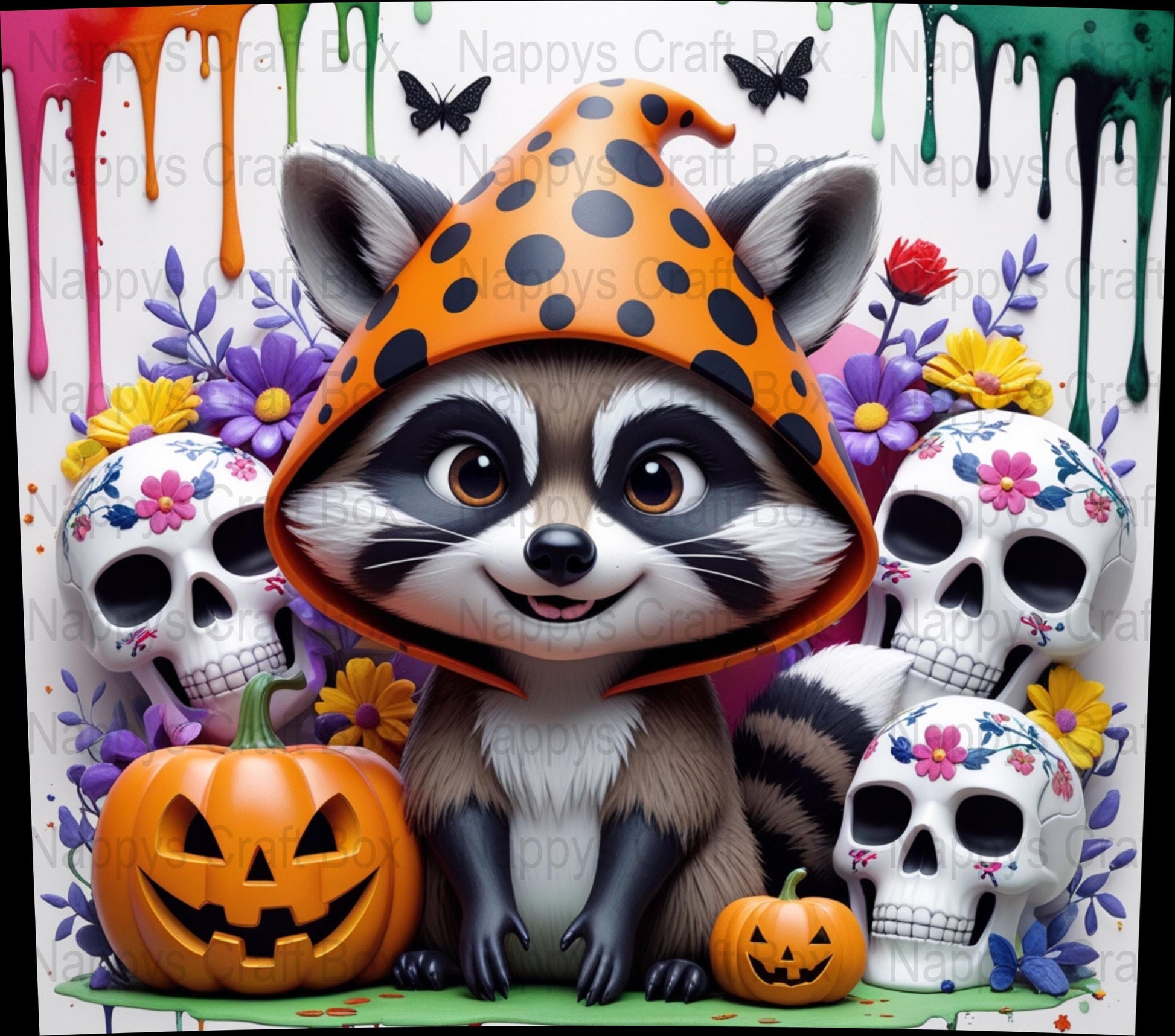 Halloween Raccoon Print, Cute Cartoon Animal, Pumpkin and Skulls, Spooky Wall Art, Festive Home Decor, Fall Season Illustration