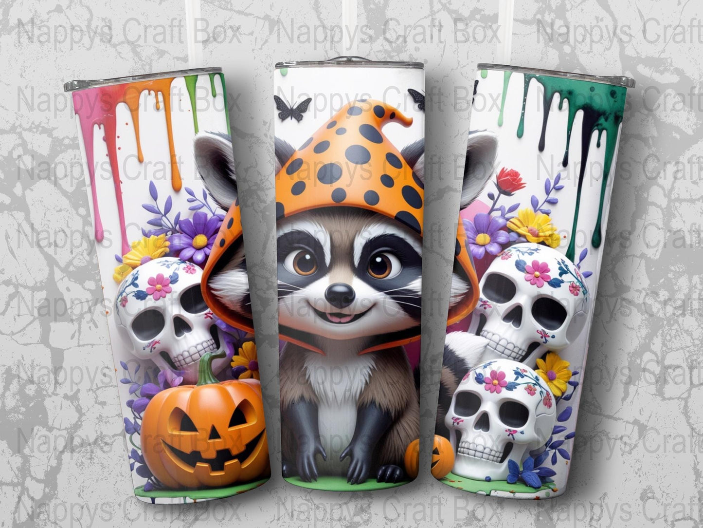 Halloween Tumbler Cups, Cute Raccoon Pumpkin Design, Gothic Skull Floral Art, Spooky Fall Drinkware Set