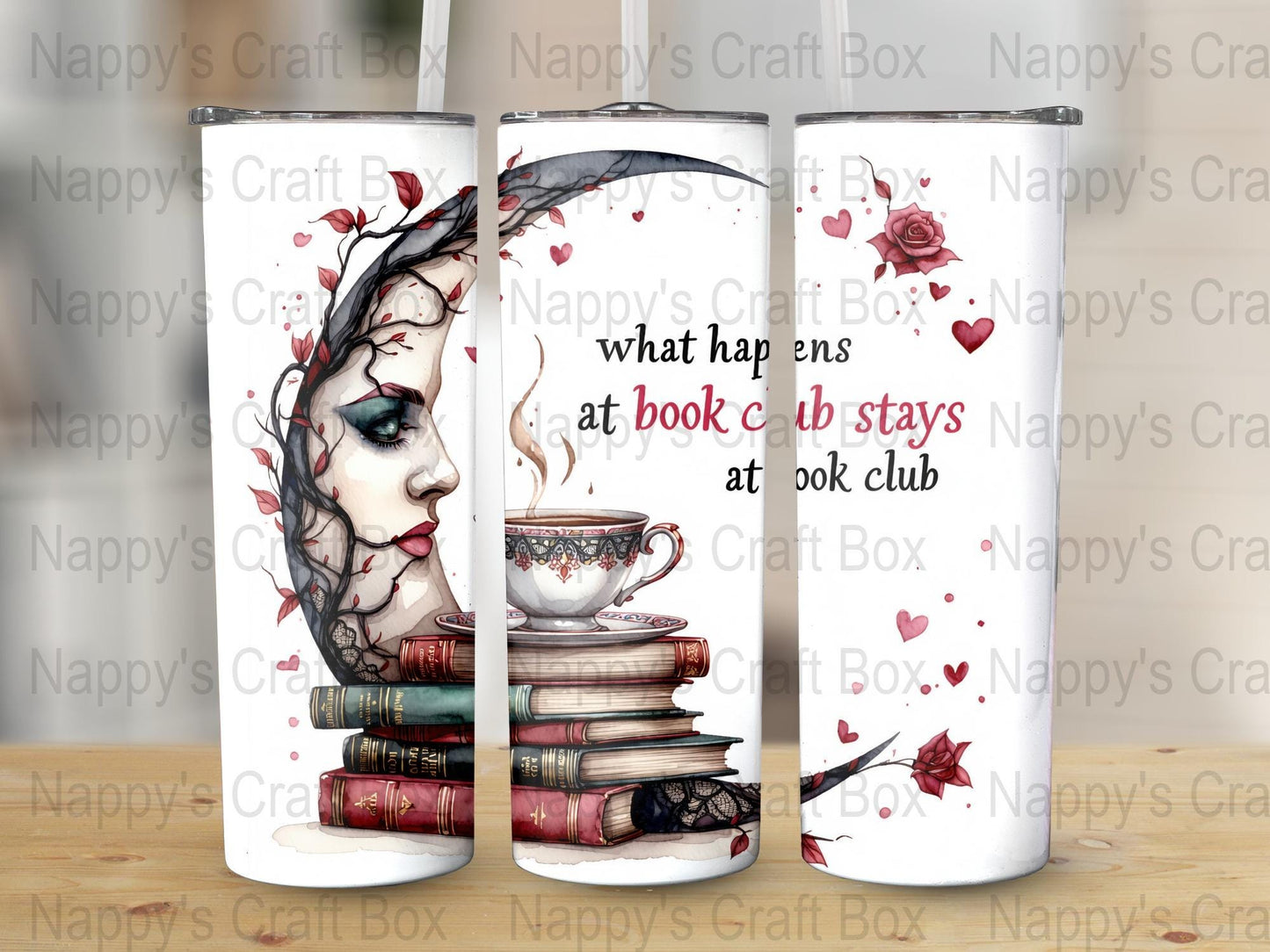 Hand-Painted Book Club Themed Tumble Cup, Floral and Feminine Art, Unique Gift for Readers and Book Lovers