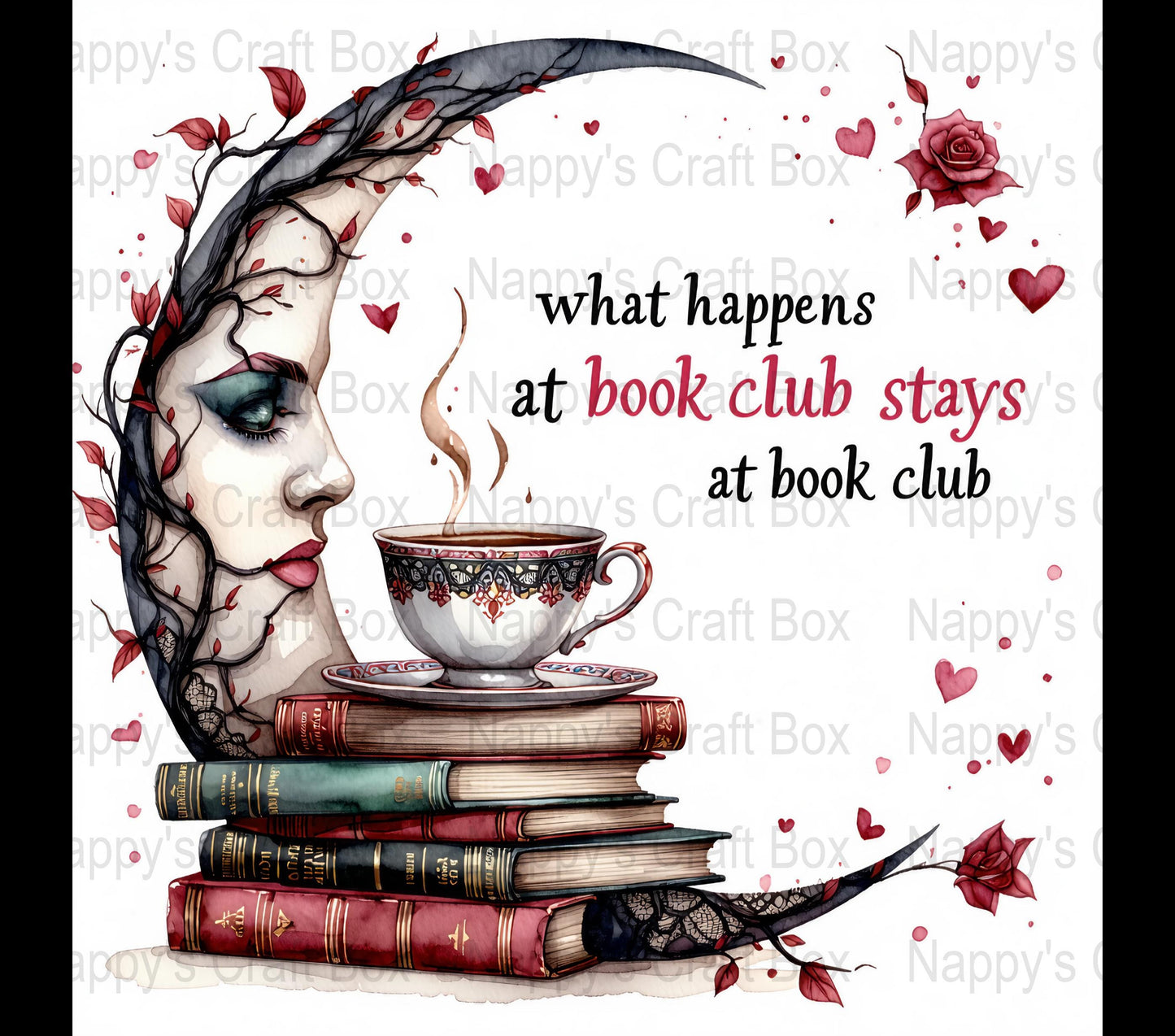 Gothic Book Club Print, Fantasy Woman Art, Stack of Books, Roses Decor, Red and Black Wall Art