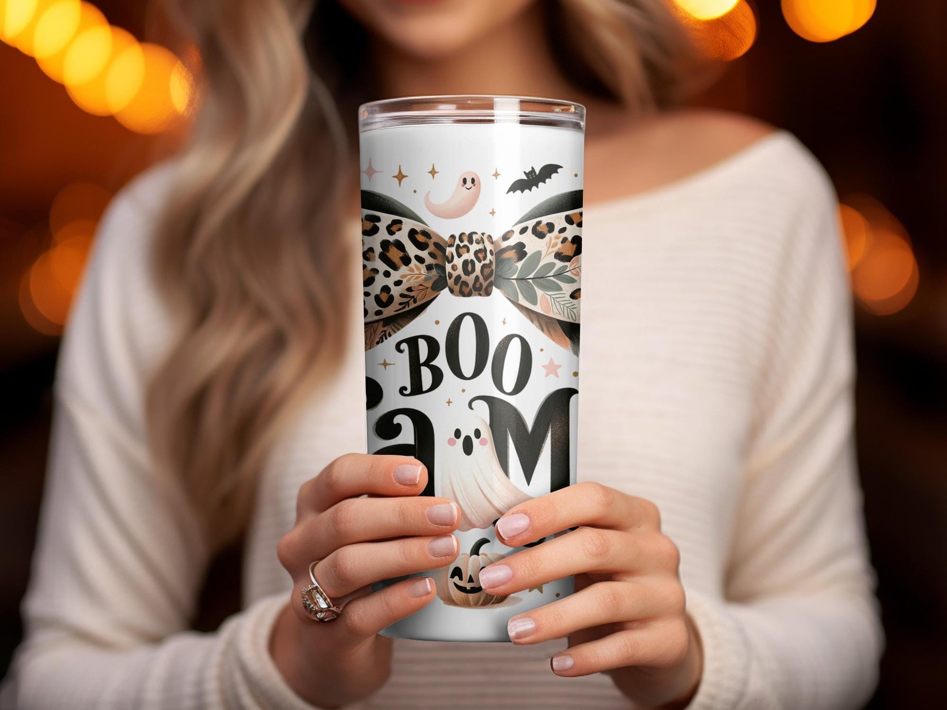 Halloween Tumbler Cup, Spooky Boo Ghost Leopard Print, Insulated Travel Mug, Fall Season Gift Idea, Coffee Lover Essential, Autumn Design
