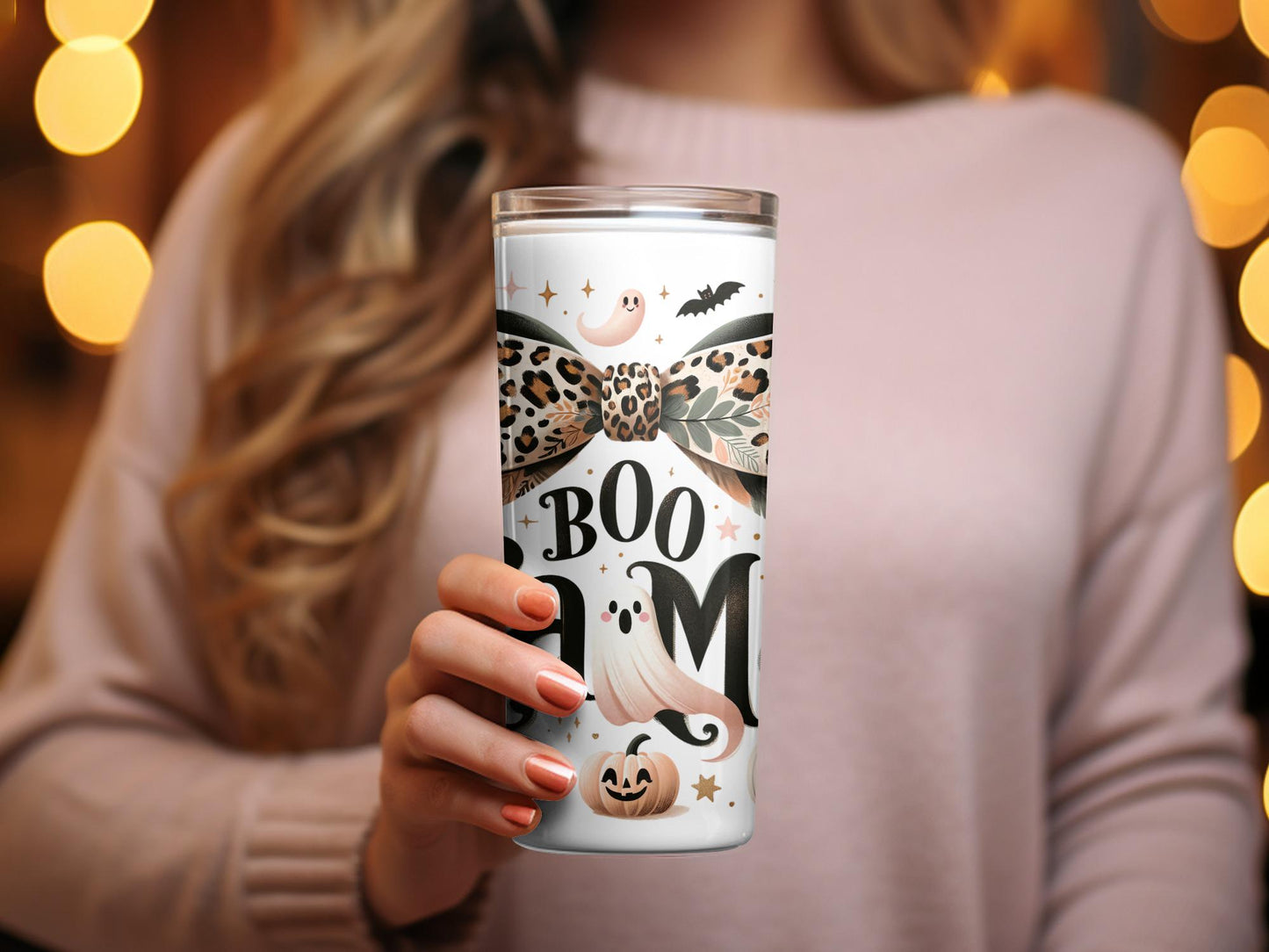 Halloween Themed Tumbler, Spooky Leopard Print, Boo Moon Graphic, Fall Drinkware Gift