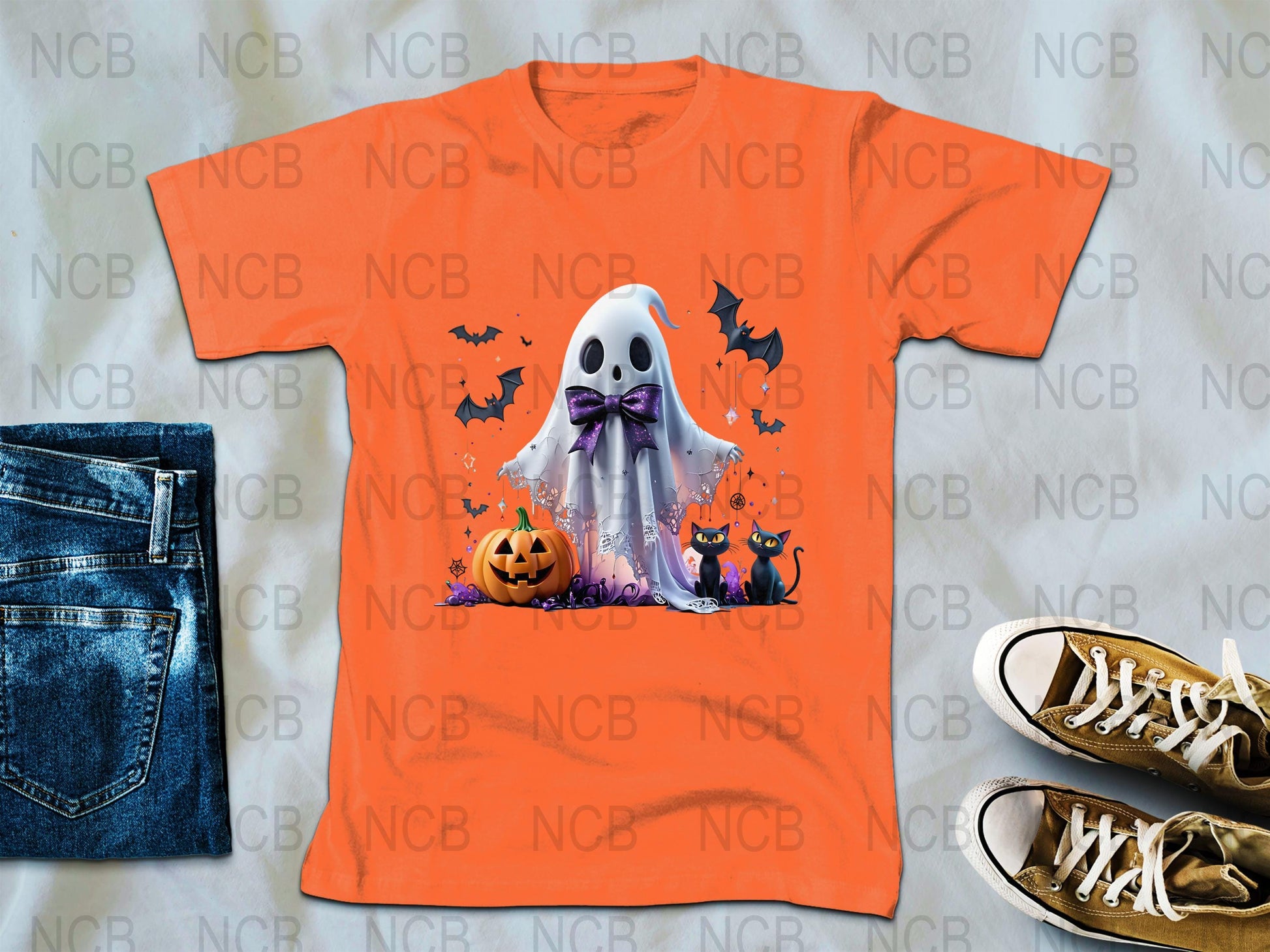 Halloween Ghost Graphic T-Shirt, Pumpkin and Bats, Orange Crew Neck Tee, Casual Spooky Apparel for All Ages