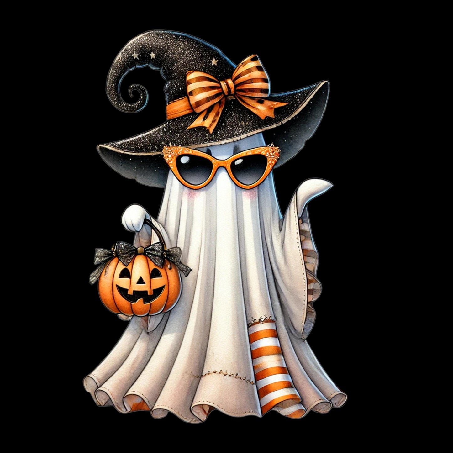 Cute Halloween Ghost Figurine with Pumpkin, Witch Hat, and Glasses, Festive Fall Decor
