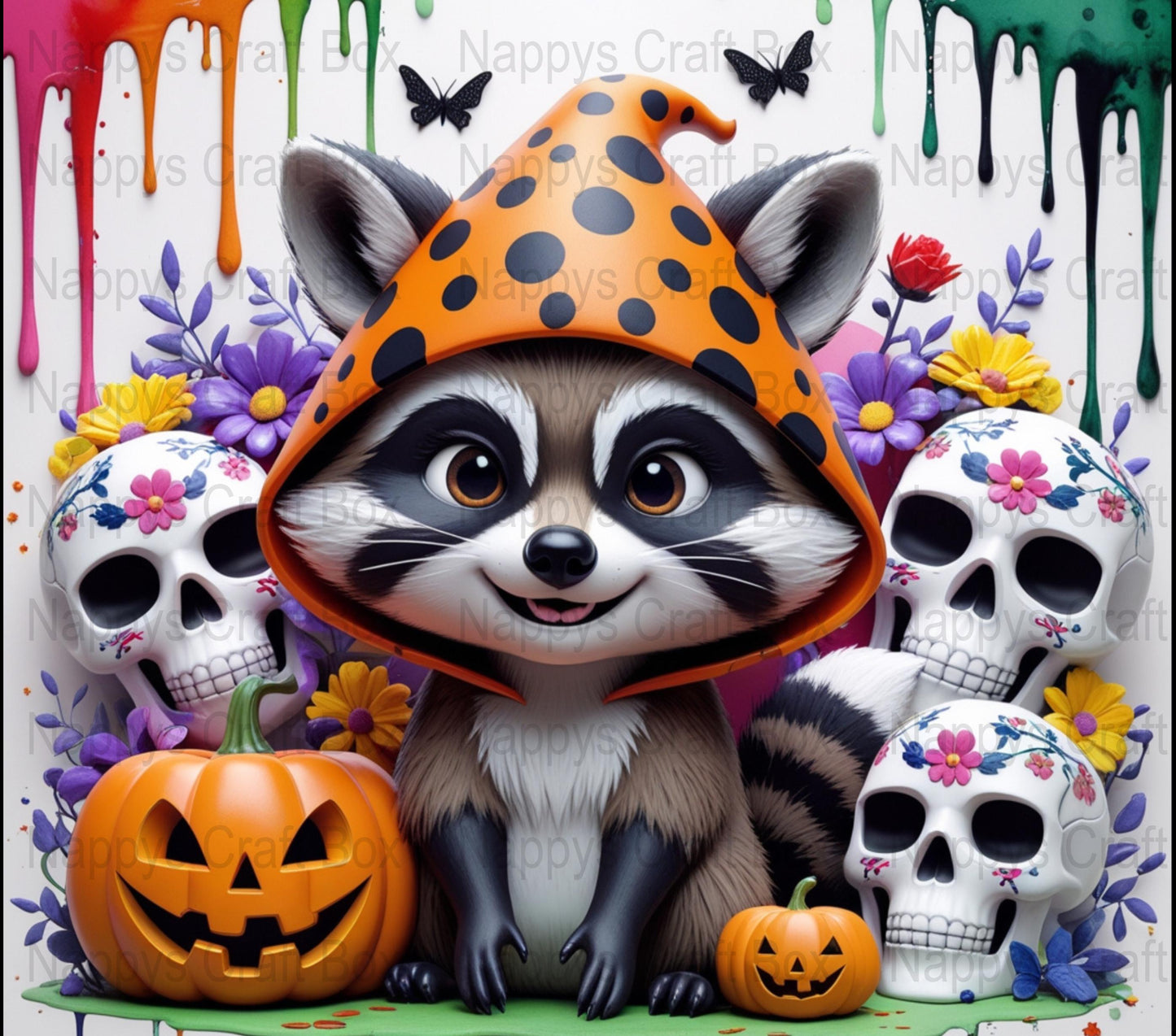 Halloween Raccoon Art Print, Cute Animal in Pumpkin Hat with Skulls, Seasonal Home Decor, Festive Wall Hanging, Bright Autumn Colors