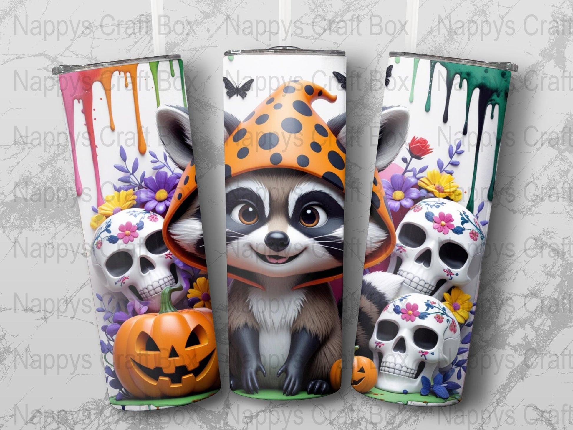 Halloween Raccoon Tumbler, Spooky Skull Floral Design, Insulated Beverage Holder, Fall Season Drinkware, Unique Gift Idea