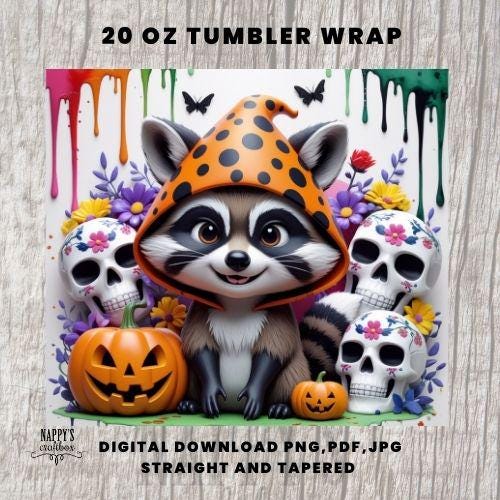 Halloween Raccoon Tumbler Wrap: Spooky Ghost Design (Digital Download, 20 oz Tumbler PNG/PDF/JPEG Files)