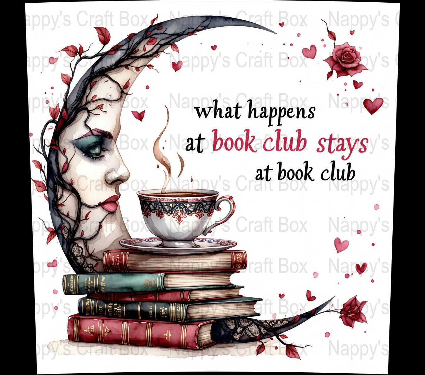 Book Club Art Print, Literary Wall Decor, Woman Face with Books, Rose Accents, Unique Reader Gift, Coffee Cup Illustration