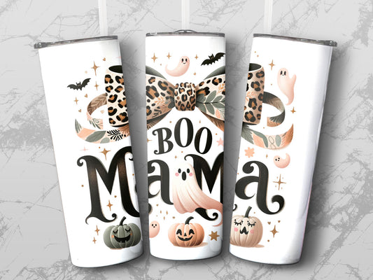 Halloween Tumblers 'Boo Mama' Fall Themed, Leopard Print, Pumpkin and Ghost Design, Stainless Steel Drinkware Set of 3