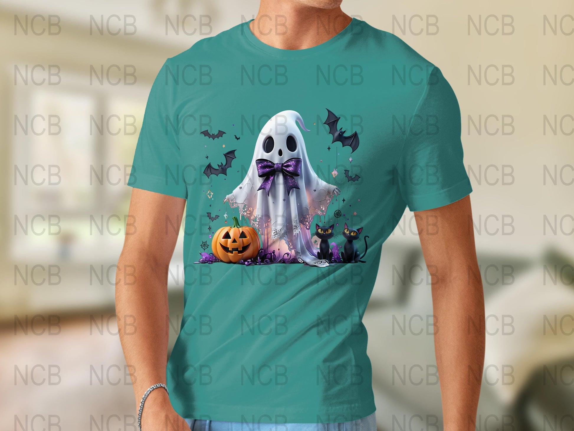Halloween Ghost T-Shirt with Pumpkin and Bats, Spooky Cute Tee for Fall Celebrations, Men's Turquoise Shirt