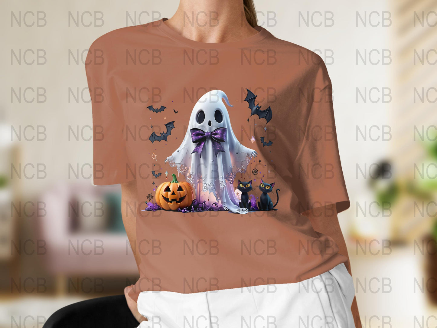 Halloween Ghost and Pumpkin Graphic T-Shirt, Spooky Casual Wear, Autumn Fashion