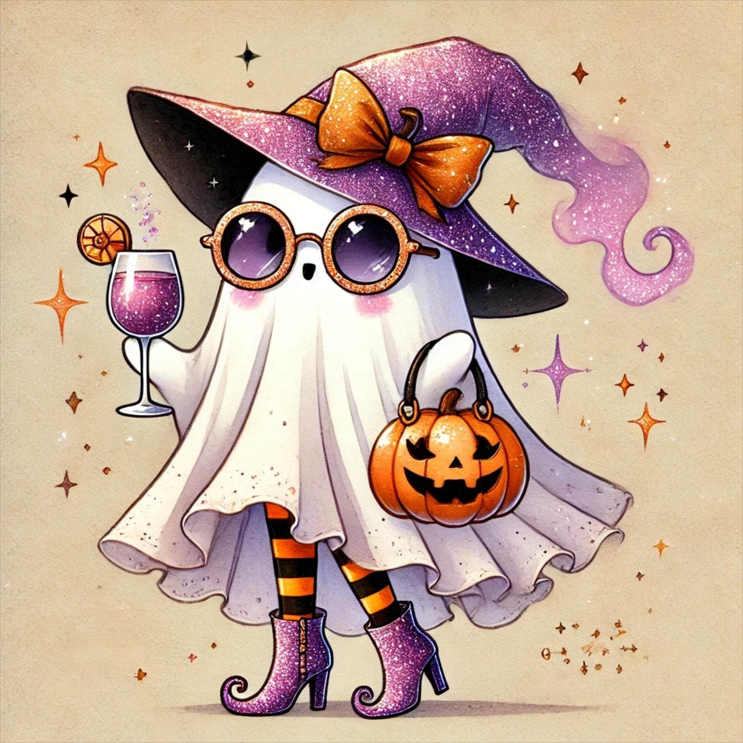 Cute Witch Halloween Poster, Spooky Character Art Print, Purple Witch Hat, Kids Room Decor, Halloween Decoration
