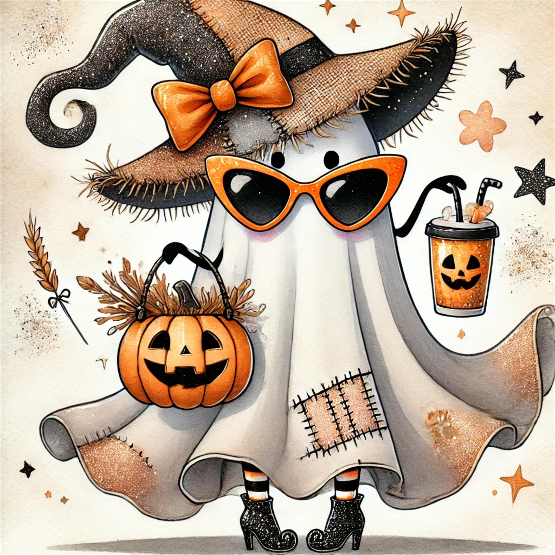 Halloween Ghost Art Print, Cute Ghost with Pumpkin, Witch Hat, Autumn Wall Decor, Spooky Season Illustration, Fall Home Decoration