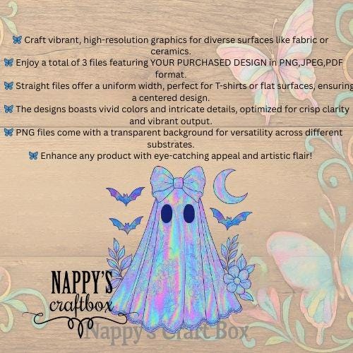 Iridescent Halloween Ghost PNG: Coquette Bow, Floral Details (Digital Download