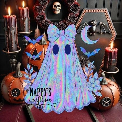 Iridescent Halloween Ghost PNG: Coquette Bow, Floral Details (Digital Download