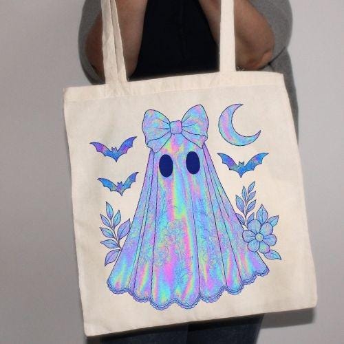 Iridescent Halloween Ghost PNG: Coquette Bow, Floral Details (Digital Download