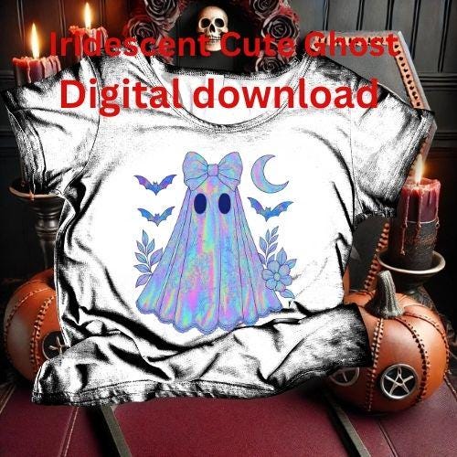 Iridescent Halloween Ghost PNG: Coquette Bow, Floral Details (Digital Download