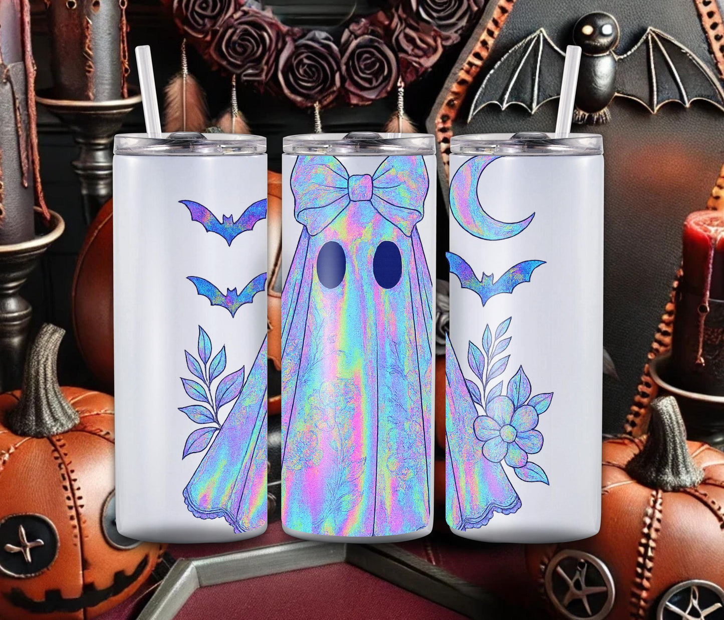 Iridescent Halloween Ghost PNG: Coquette Bow, Floral Details (Digital Download